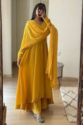 Yellow Embroidery Work Gown With Palazzo