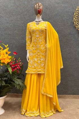 Yellow Embroidery Work Haldi Wear Sharara Suit