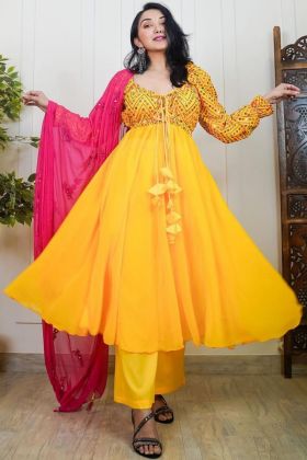 Yellow Embroidery Work Middle Slit Cut Anarkali Gown