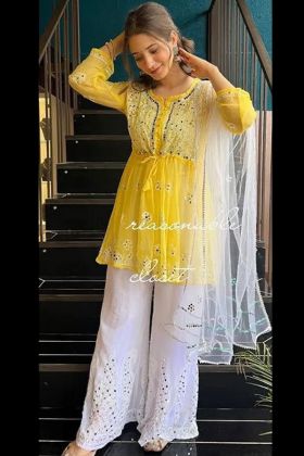 Yellow Embroidery Work Palazzo Style Suit