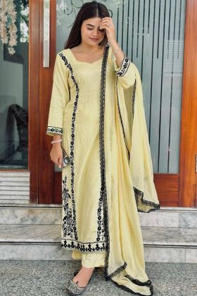 Yellow Embroidery Work Rayon Cotton Straight Suit