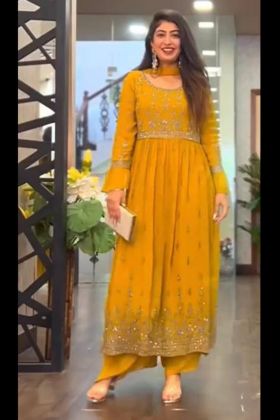 Yellow Embroidery Work Readymade Gown