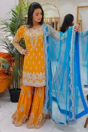 Yellow Embroidery Work Sharara Salwar Suit