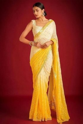 Yellow Embroidery Work Soft Georgette Saree