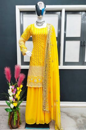 Yellow Embroidery Work Top With Plain Palazzo