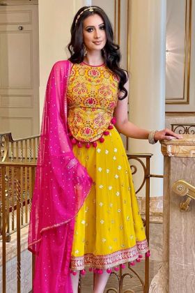 Yellow Faux Georgette Embroidery Work Lehenga