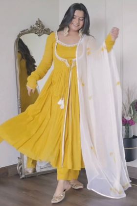 Yellow Faux Georgette Embroidery Work Long Gown