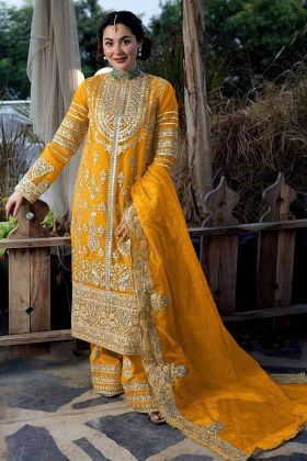 Yellow Faux Georgette Embroidery Work Readymade Suit