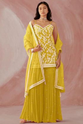 Yellow Faux Georgette Embroidery Work Salwar Suit