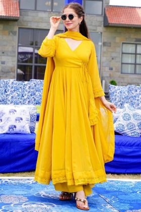 Yellow Faux Georgette Readymade Anarkali Style Gown