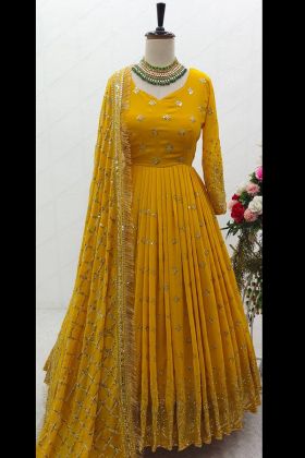 Yellow Faux Georgette Sequence Work Long Gown