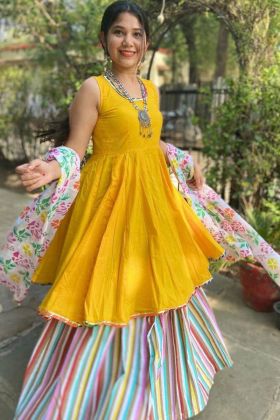 Yellow Faux Georgette Silk Plain Top With Striped Printed Lehenga