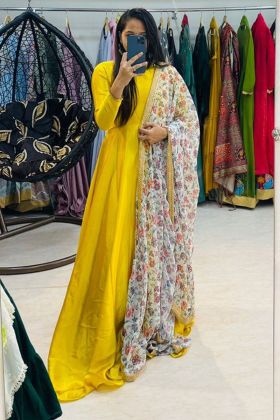 Yellow Finon Silk Anarkali Style Long Gown