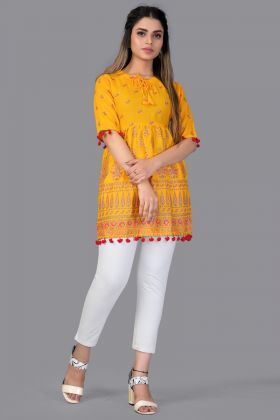 Yellow Floral Printed Blend Cotton Readymade Tunic Top