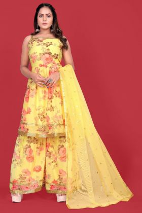 Yellow Flower Printed Faux Georgette Sharara Salwar Kameez