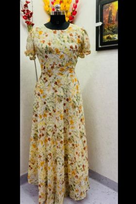 Yellow Flower Printed Georgette Anarkali Gown