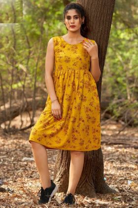 Yellow Flower Printed Stitched Western Dress