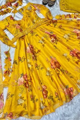 Yellow Flower Printed Tabby Organza Gown