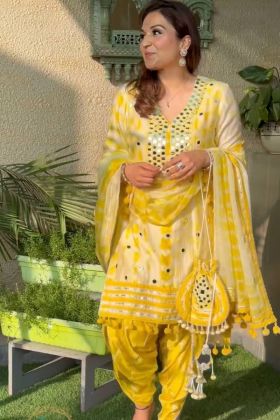 Yellow Fresh Crepe Mirror Work Dhoti Salwar Suit
