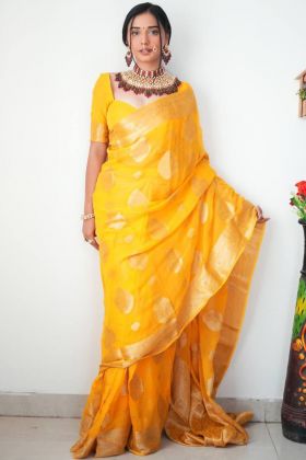 Yellow Golden Weaving Work Saree
