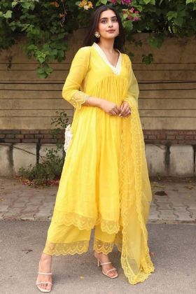 Yellow Heavy Maska Cotton Silk Embroidery Work Anarkali Gown