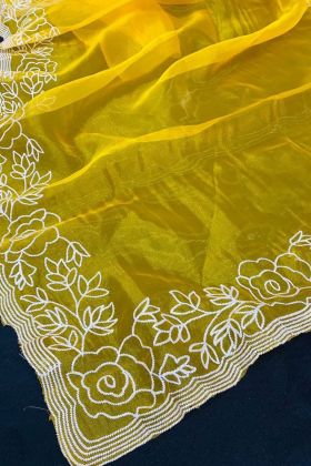 Yellow multi flower embroidery work Pure Organza saree