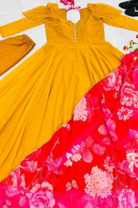 Yellow Plain Readymade Gown With Printed Dupatta