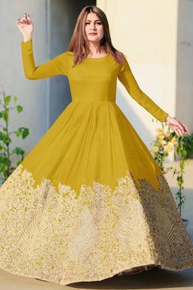 Yellow Pure Cotton Ceramic Stone Hand Embroidery Work Gown