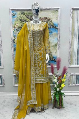 Yellow Pure Faux Georgette Sharara Salwar Suit