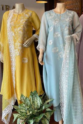 Yellow Pure Maska Cotton Silk Readymade Embroidery Work Dress