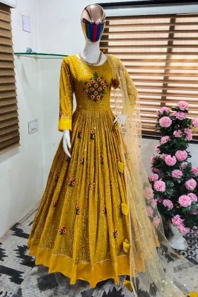 Yellow Sequence Embroidery Work Anarkali Gown