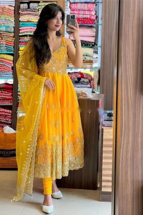 Yellow Sequence Embroidery Work Faux Georgette Long Gown