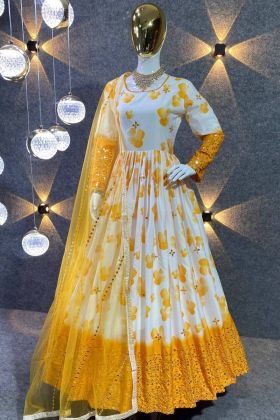 Yellow Sequence Embroidery Work Long Printed Gown