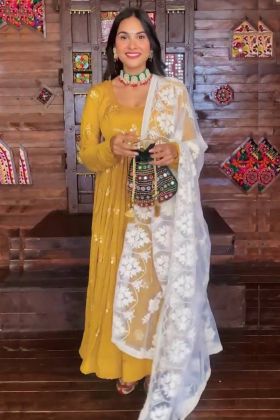 Yellow Sequence Embroidery Work Readymade Anarkali Gown