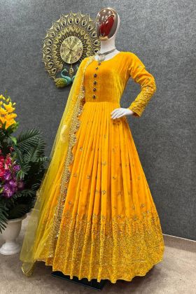 Yellow Sequence Embroidery Work Readymade Gown