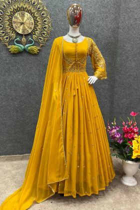 Yellow Sequence Work Anarkali Gown