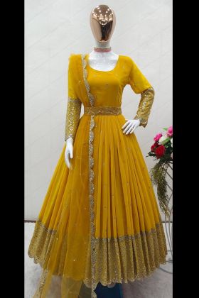 Yellow Sequence Work Faux Georgette Anarkali Gown