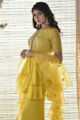 Yellow Sequence Work Faux Georgette Salwar Suit With Ruffle Dupatta