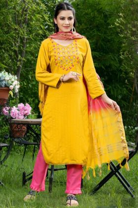 Yellow Sequence Work Salwar Suit With Weaving Dupatta