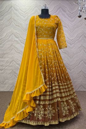 Yellow Shaded Printed Sequence Work Anarkali Gown