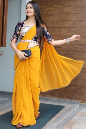 Yellow Thread Embroidery Work Georgette Saree