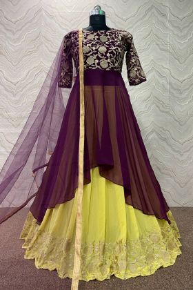 Yellow Up Down Style Gown With Flower Embroidered Lehenga