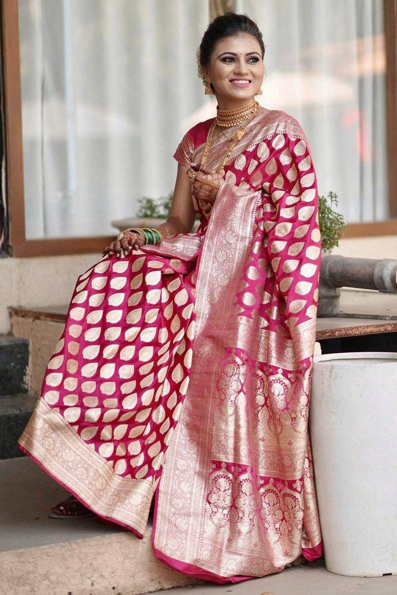 Pink Banarasi Saree with Green Border. – Peeli Kothi