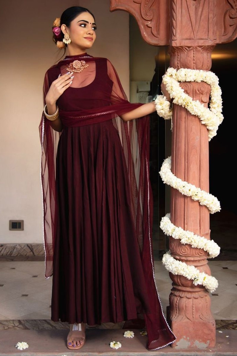 Anarkali Dress Online  Maroon Heavy Embroidered Velvet Anarkali Dress   Gunj Fashion