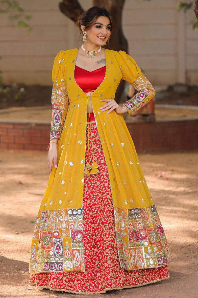Buy Earthy Touch Knit Half Sleeves Choli & Full Length Printed Lehenga with Long  Shrug & Dupatta Red for Girls (13-14Years) Online in India, Shop at  FirstCry.com - 11747824