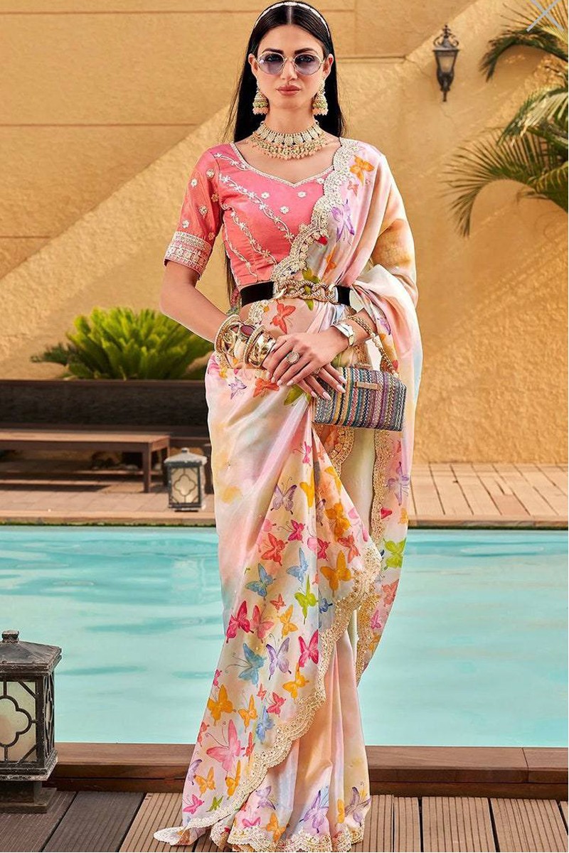 Women's Designer Cotton Blend Butterfly Foil Printed Saree with Blouse  Piece – Mirchi Fashion