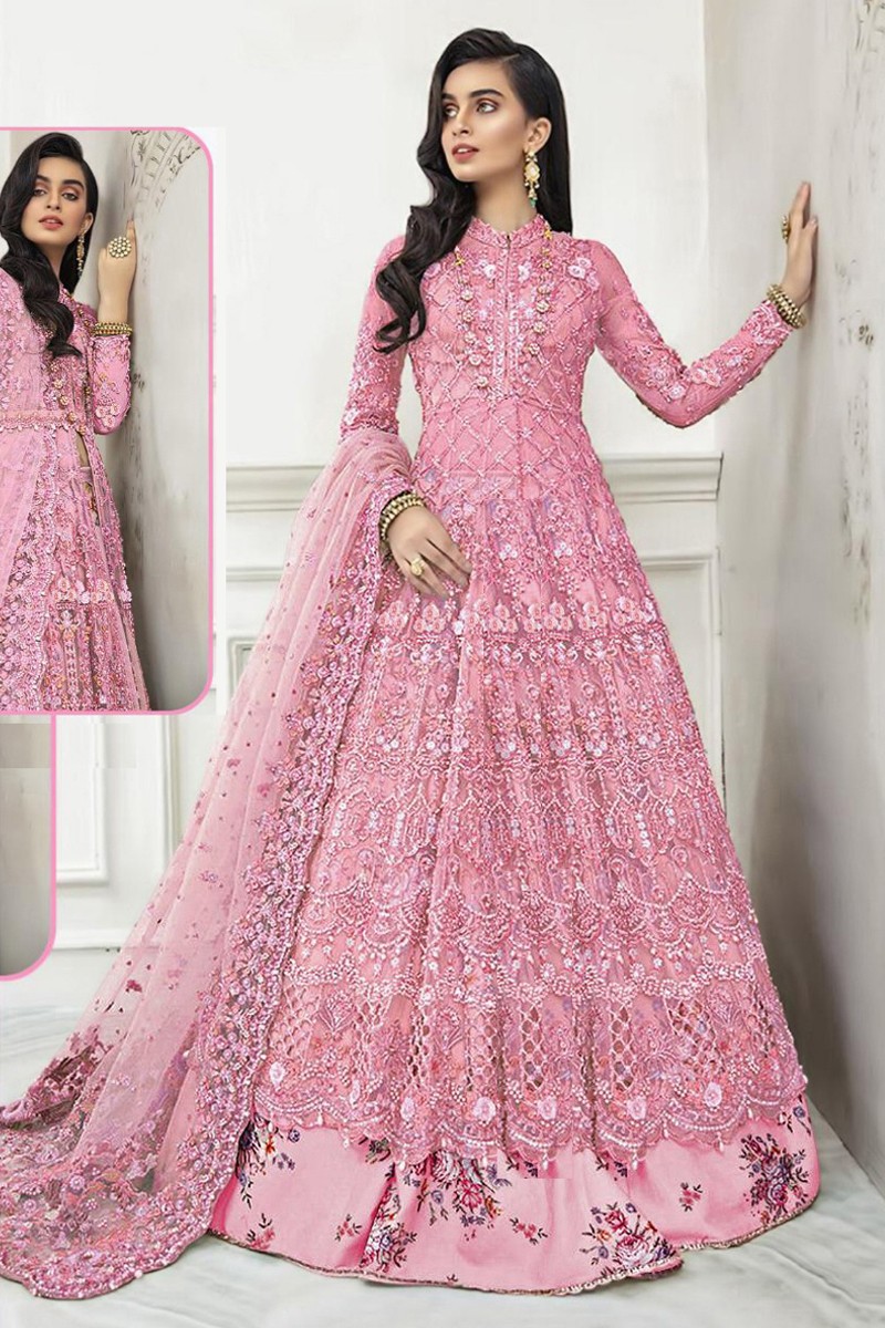 Pink Heavy Net Embroidery Work Long Dress For Eid