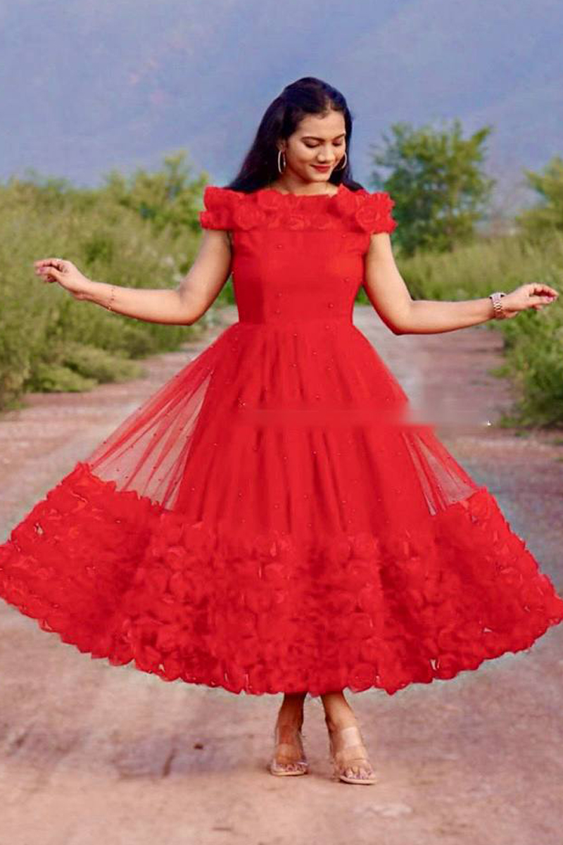 Buy AKSHAR CREATIVE SOFT NET RED COLOR GOWN WITH DUPATTA at Amazon.in