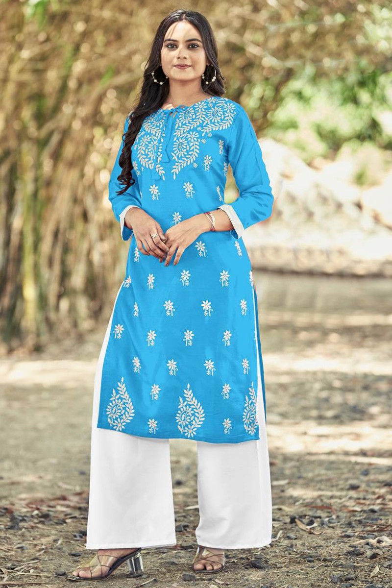 Buy Striking Navy Blue Color Full Stitched Thread Work Rayon Cotton Fancy Plazo  Kurti For Wear  LehengaSaree