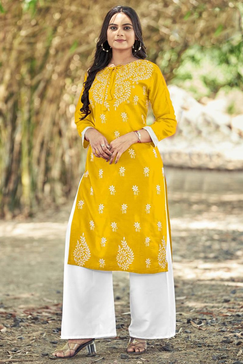 Women's Regular Wear Kurti Palazzo Set - White And Yellow Colour at Rs  451/pair | Dwarka | New Delhi | ID: 22087982430
